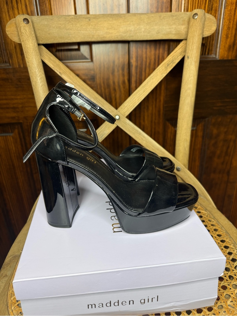 Madden Girl Black Patent Platform Block Heel Sandals